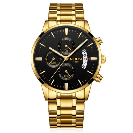 Nibosi Chain Wristwatch Luxury Men Gold Metal Band Waterproof Sport Quartz Chronograph Black face