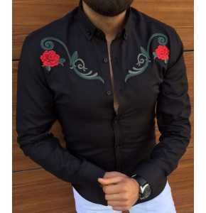 Mens Casual Shirts SLim Fit Hug with Flower Design - Black