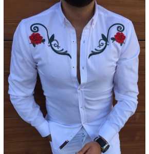 Mens Casual Shirts SLim Fit Hug with Flower Design - White
