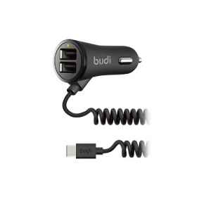 Budi Car Charger 2 USB Port With Coiled Type C Cable - M8J068T - DWAC00427