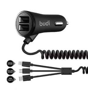 Budi Car Charger 2 USB Port With 3 In 1 Coiled Cable - M8J068T3 - DWAC00168