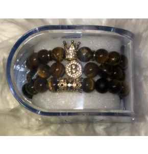 Tiger eyes beaded Light Brown wrist band   3 in 1 with gold accessories