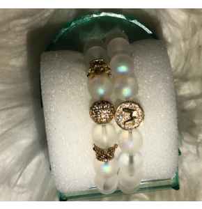 White 2 in 1 Crystal beaded wrist band with gold accessories