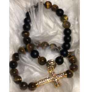 Tiger eyes, and matte black beaded 2 in 1 wrist band with Cross pendant