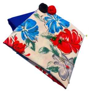 Blue plain and flowery patterned material