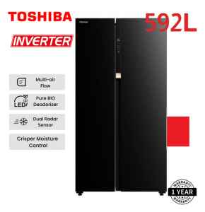 Toshiba Side By Side Door Inverter Fridge Black Glass (592L)
