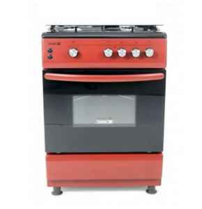 Scanfrost Gas Cooker - APSCCKFG43-  CK6400R - 60x60cm Gas Oven, 4 Gas, Glass Top Lid with Black Border, Hob Black Enamel Body Red Burgundy