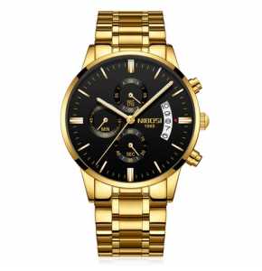 Nibosi Chain Wristwatch Luxury Men Gold Metal Band Waterproof Sport Quartz Chronograph Black face