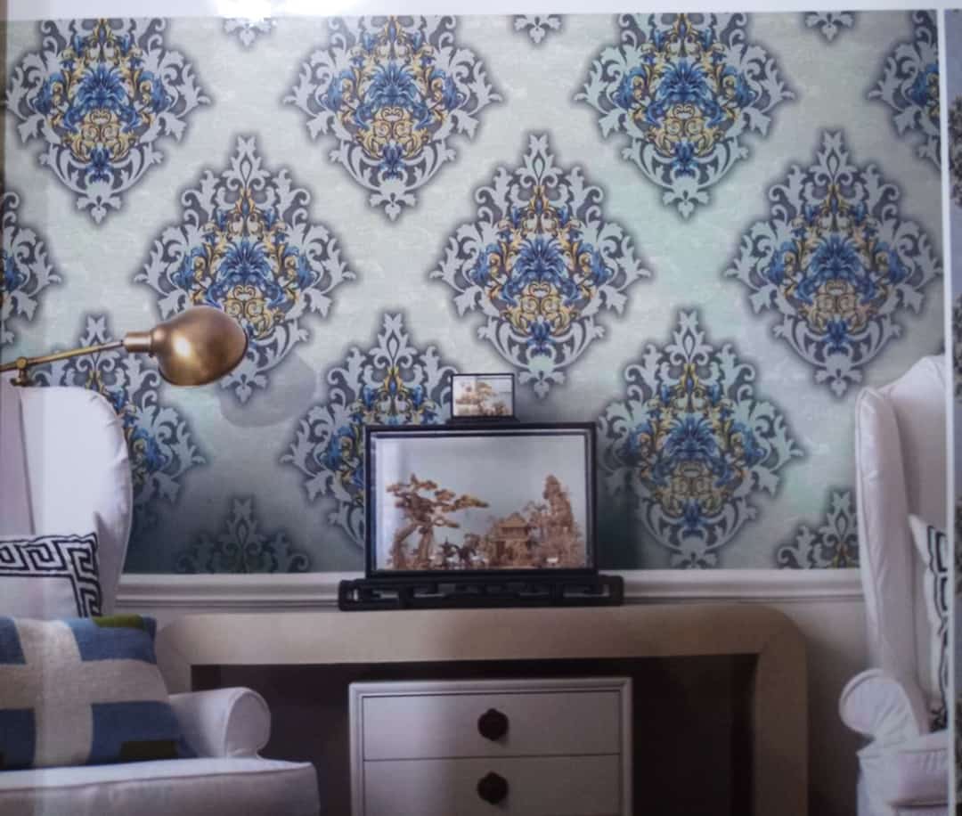 3D wallpaper blue/brown and white flower design