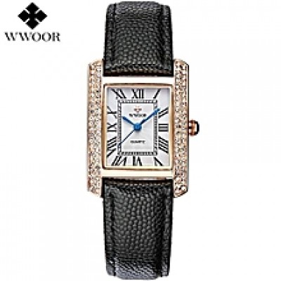 Gold Diamond Woman female ladies Leather Watch - Black