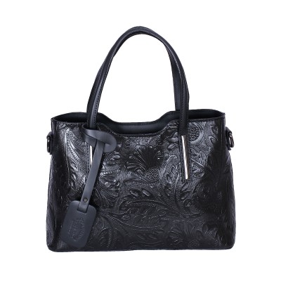 Shalatel Gorgia Patterned Genuine  Leather Tote - Black