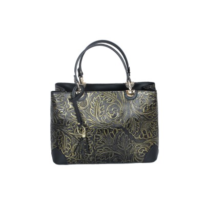 Shalatel Silvana Patterned Calf Leather Tote -Black  Gold